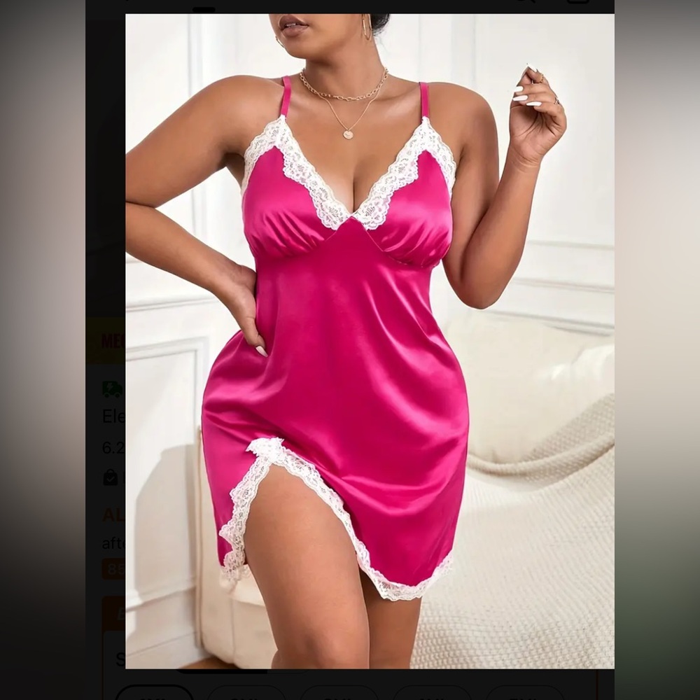 Womens Plus Size Pink White Lace Accent Silky Nightgown